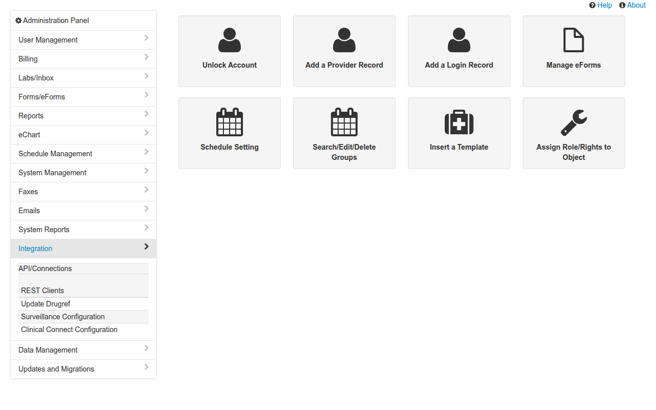 OSCAR admin panel showing Integration section expanded with REST Clients visible