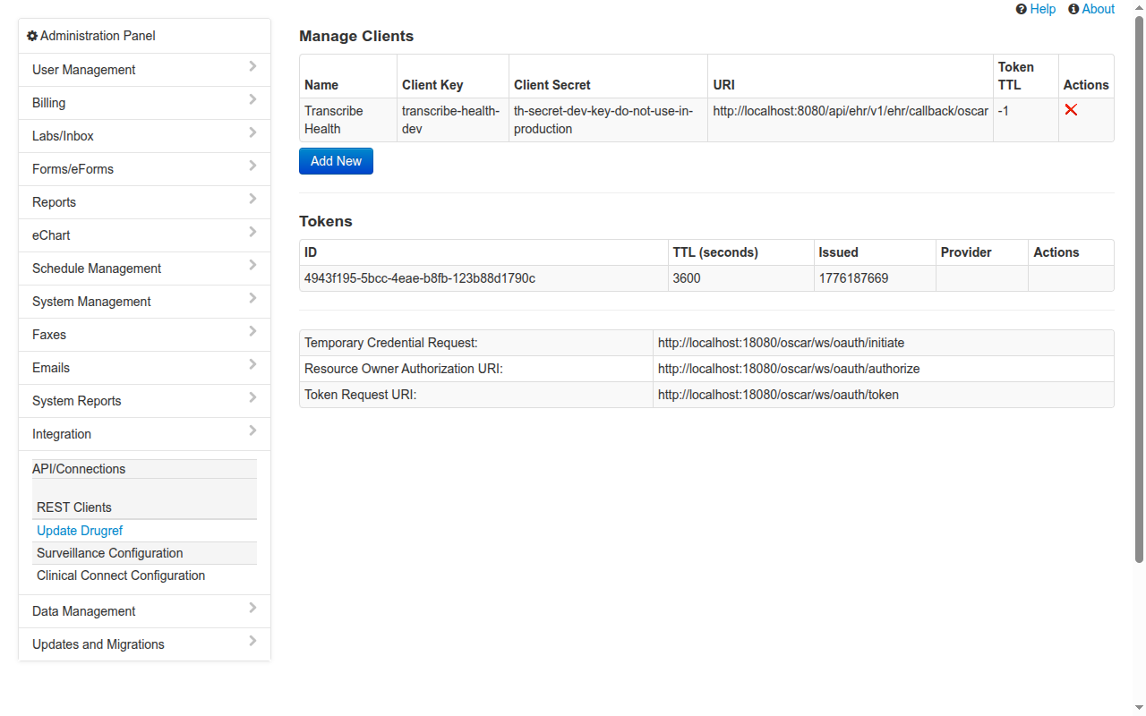 Manage Clients page showing Transcribe Health registered with client key, secret, and OAuth endpoints