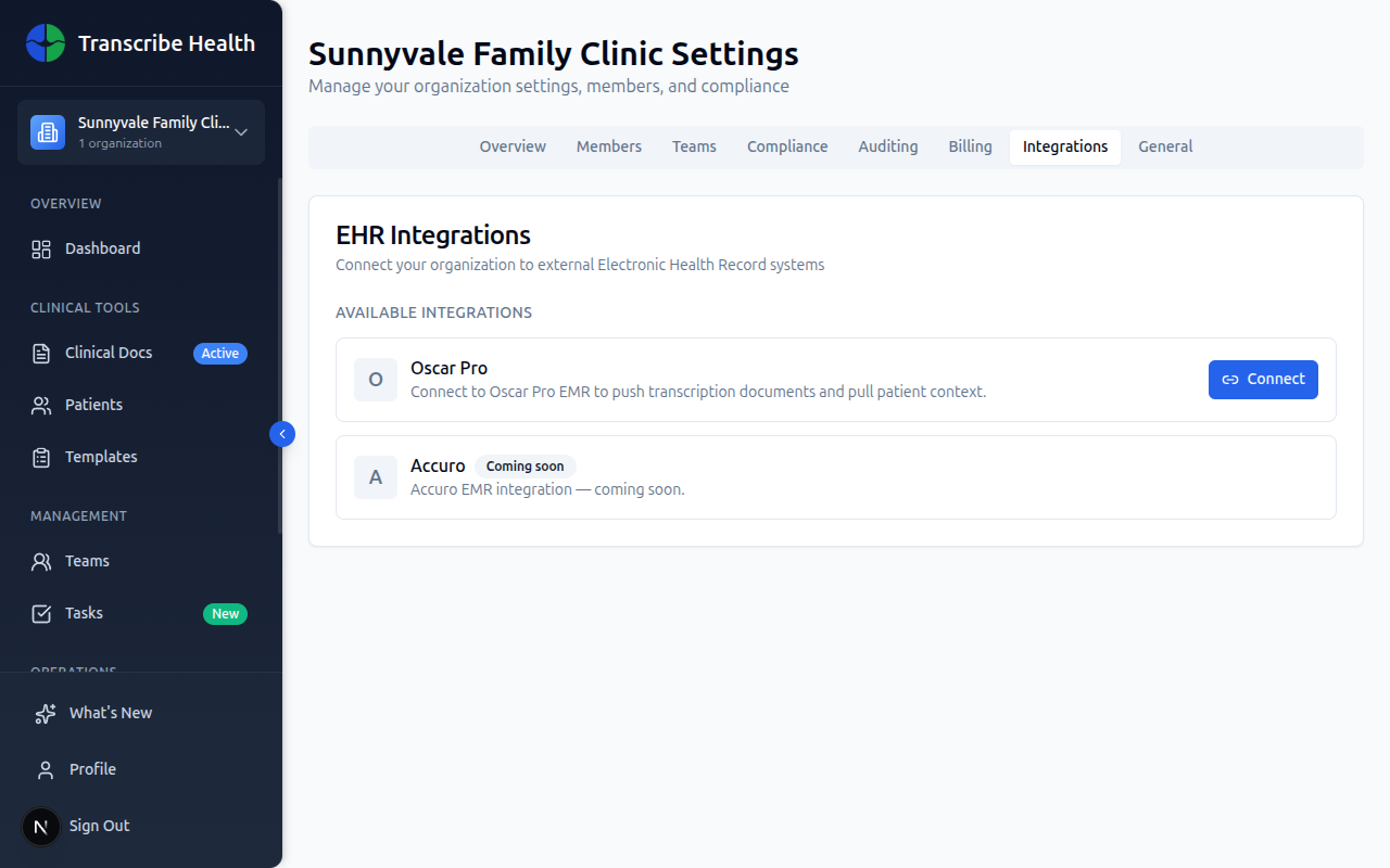 EHR Integrations tab showing Oscar Pro and Accuro providers