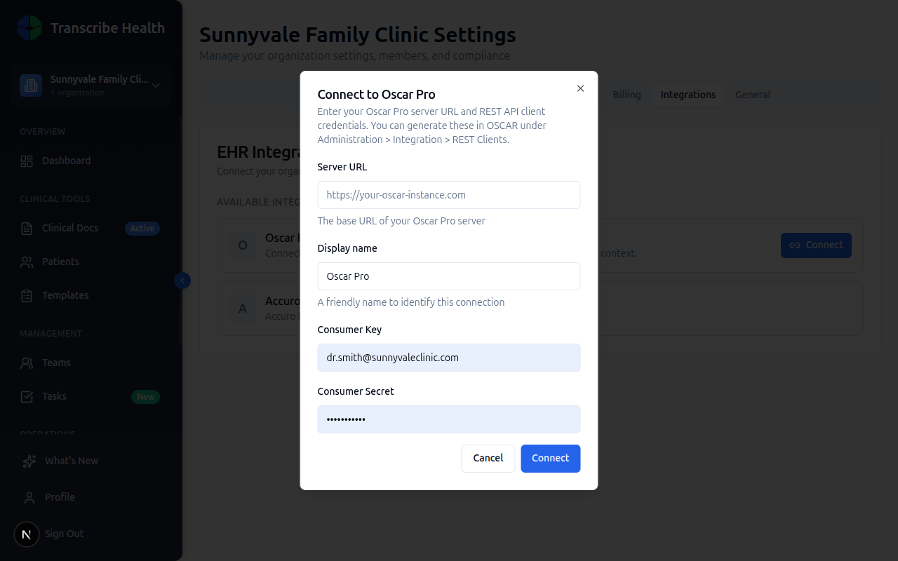 Empty connection dialog showing Server URL, Display name, Consumer Key, and Consumer Secret fields