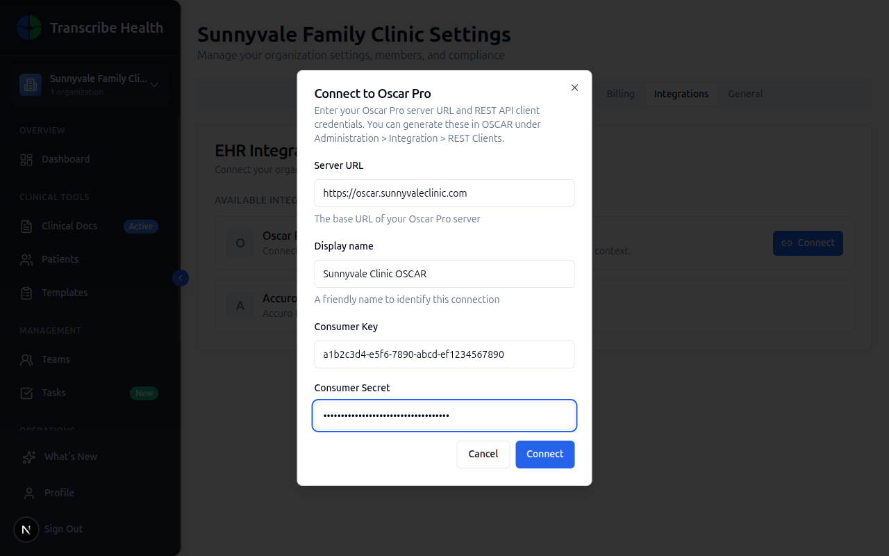 Connection dialog with Server URL, Display name, Consumer Key, and Consumer Secret fields filled in