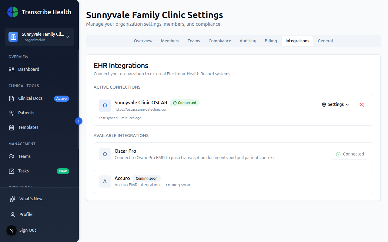 Active connection showing Sunnyvale Clinic OSCAR with Connected status