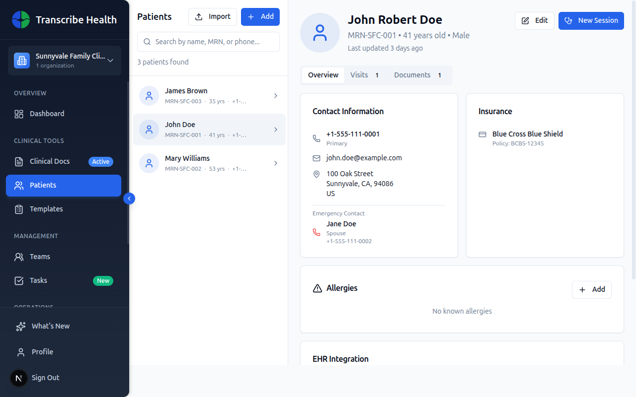 Patient detail page showing John Doe's contact information and demographics
