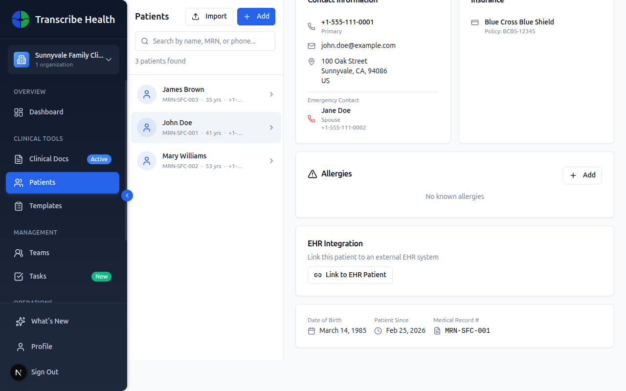 Patient detail page scrolled to show the EHR Integration section with Link to EHR Patient button