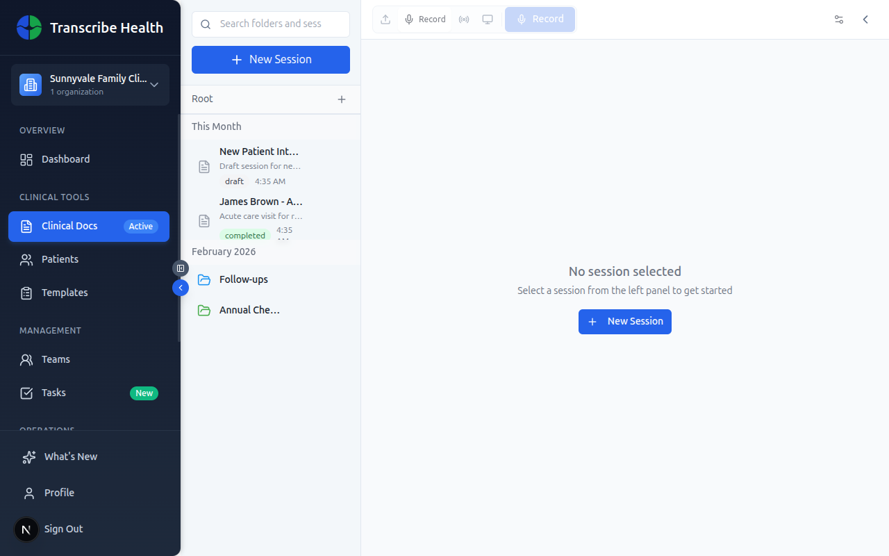 Transcriptions page showing session list with completed and draft sessions