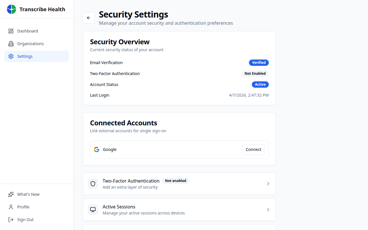 Security settings page