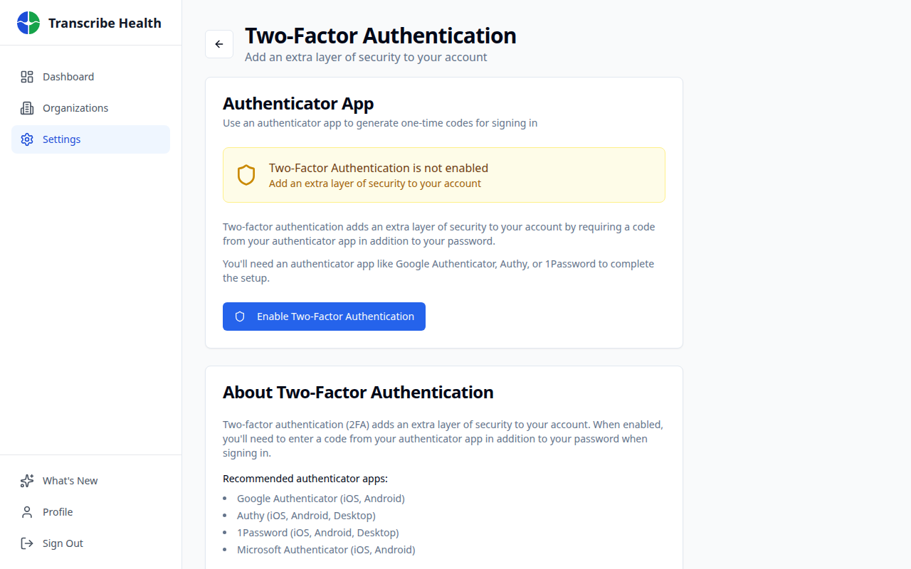 The MFA setup page showing the current status and setup options