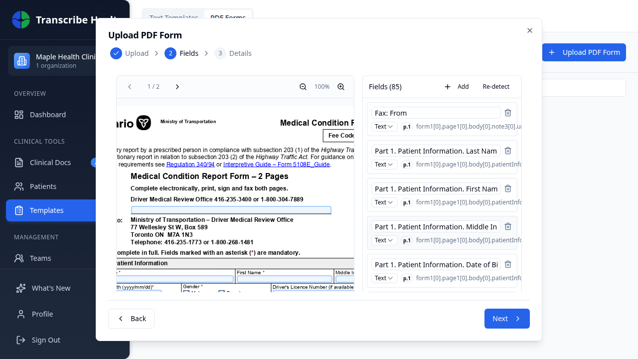 Field detection showing the PDF preview and 85 detected fields