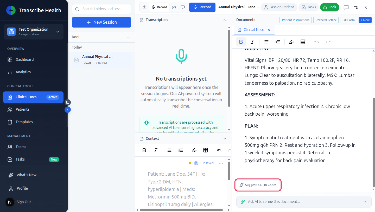 The Suggest ICD-10 Codes button appears below your clinical note, highlighted in red