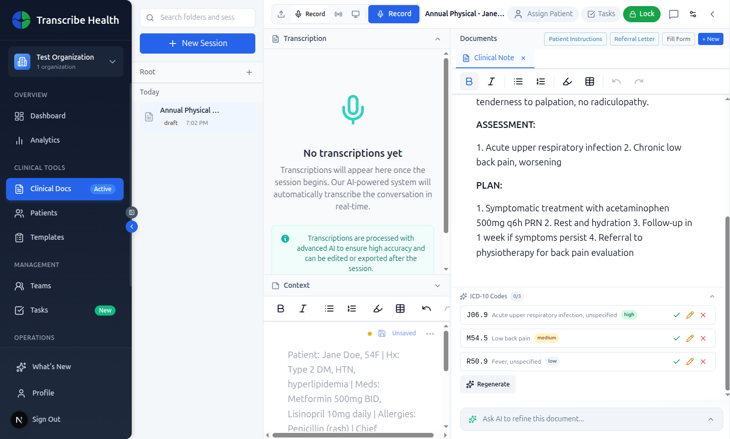 Three ICD-10 suggestions generated from the clinical note: J06.9 (high), M54.5 (medium), R50.9 (low)