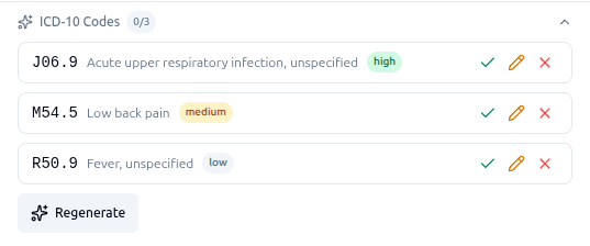 Closeup of the ICD-10 Codes section showing three suggestion chips with codes, descriptions, confidence badges, and action buttons