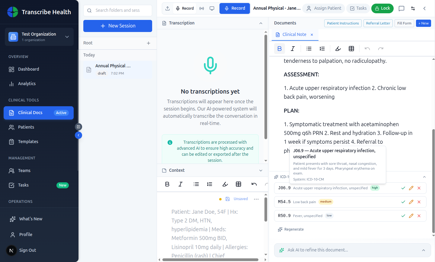 Tooltip showing detailed reasoning: "Temperature of 100.2F documented in vitals" for the R50.9 fever code