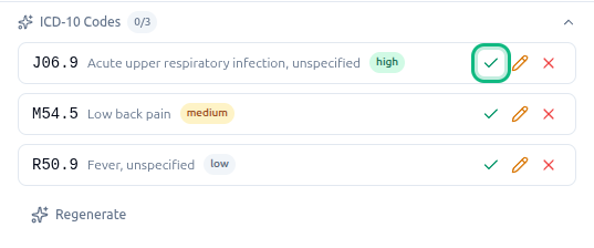 The accept button highlighted on the J06.9 code chip
