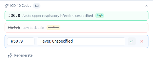 The inline edit form showing code and description fields for the R50.9 suggestion