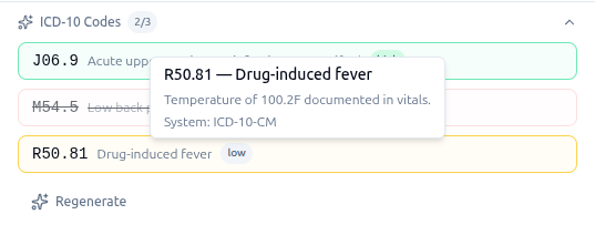 The final state showing the counter at 2/3 with accepted, rejected, and edited codes