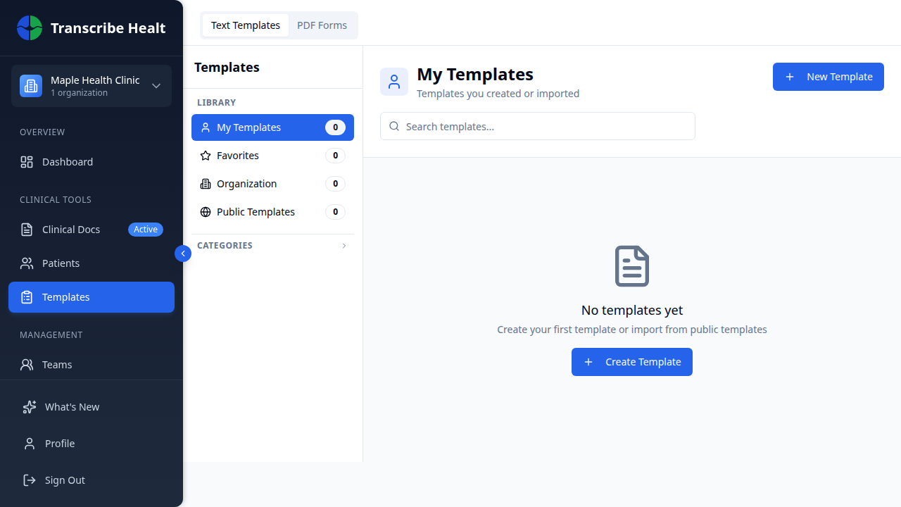 Templates page with sidebar navigation and template grid