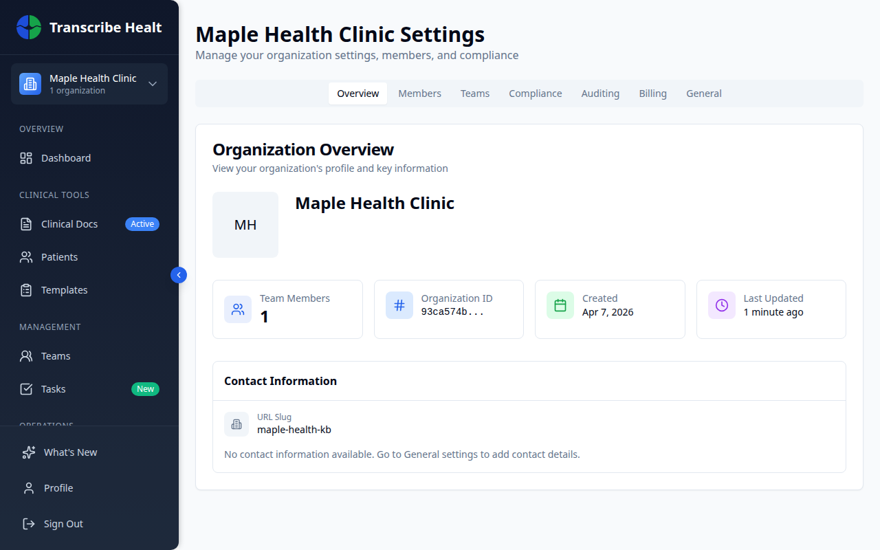 Organization overview showing key stats and contact info