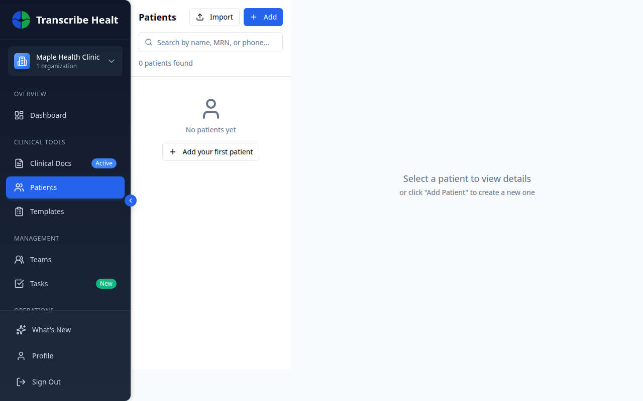 Patients page showing the patient list and detail view