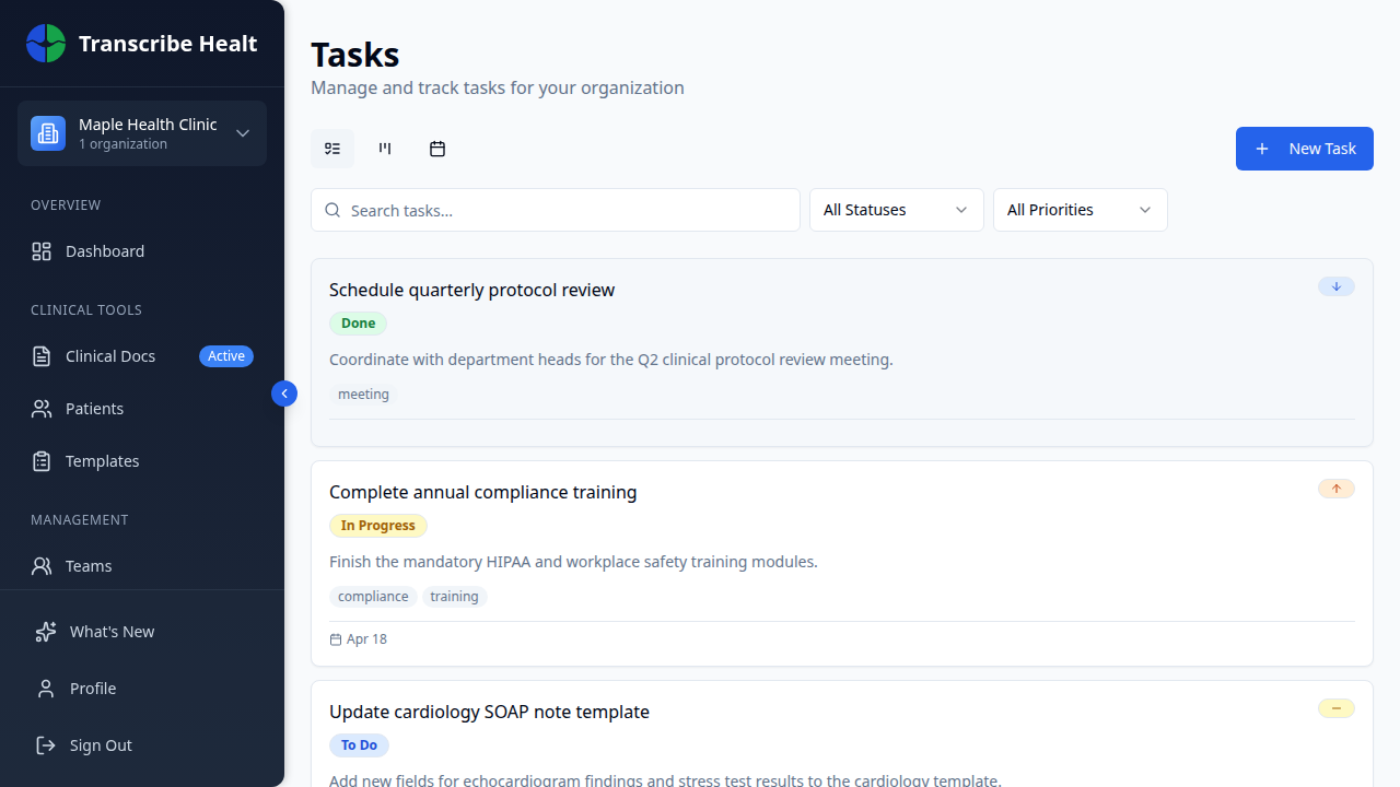 Tasks page showing filters, search, and view toggles