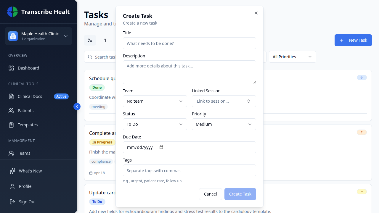 Create Task dialog with all fields