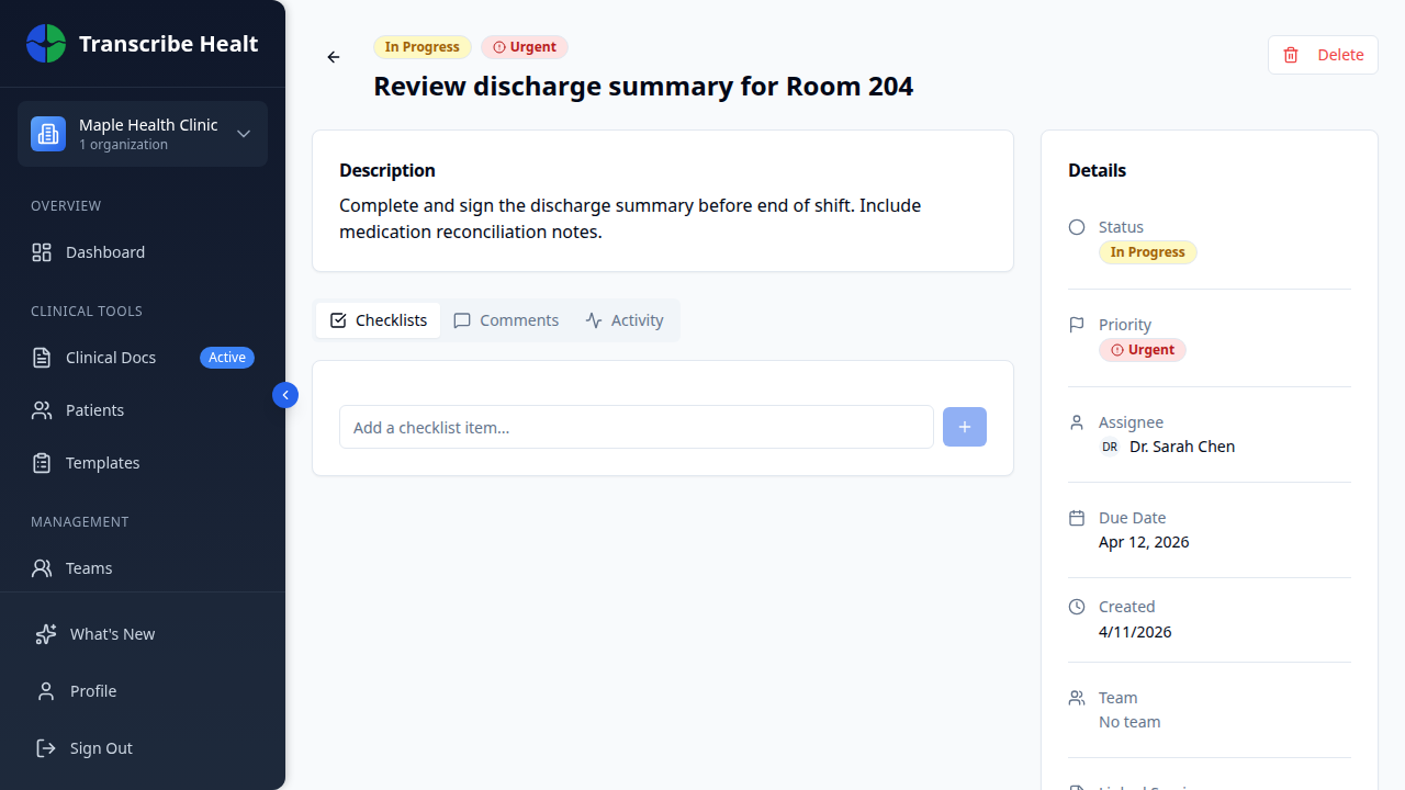 Task detail view showing description, checklist, and details sidebar