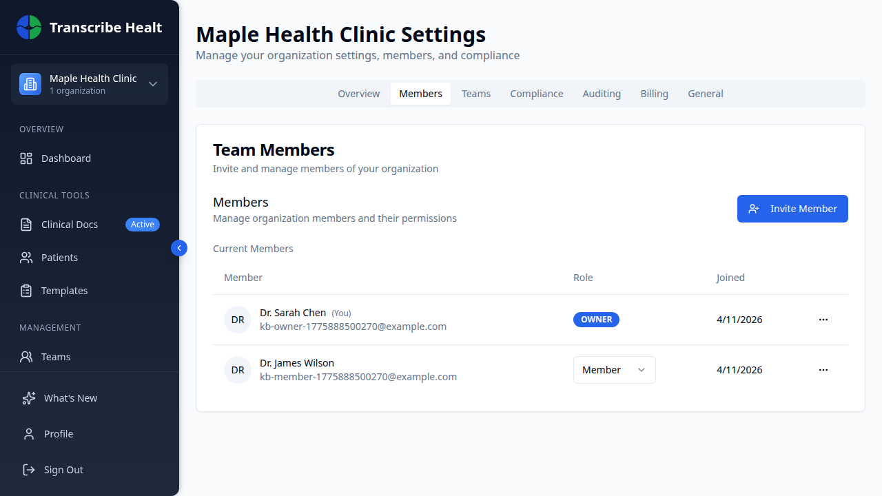 The Members tab showing current team members