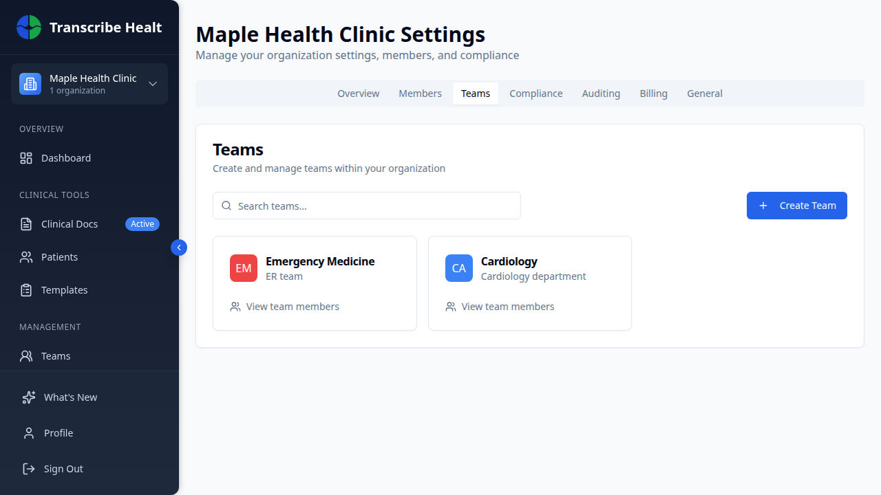 Teams tab showing team cards