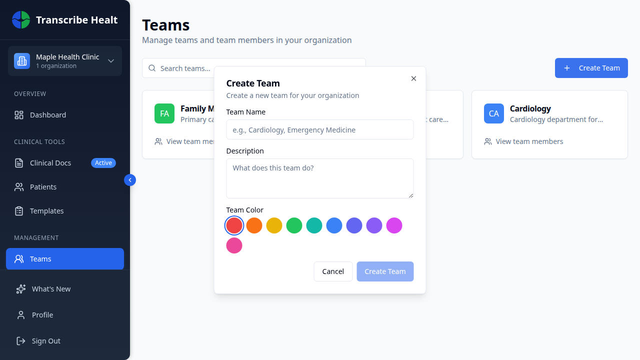 Create Team dialog with name, description, and color picker