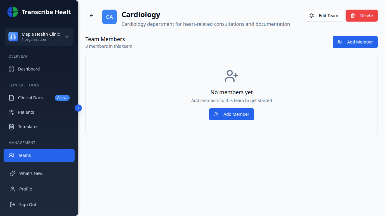 Team detail page showing members and management options