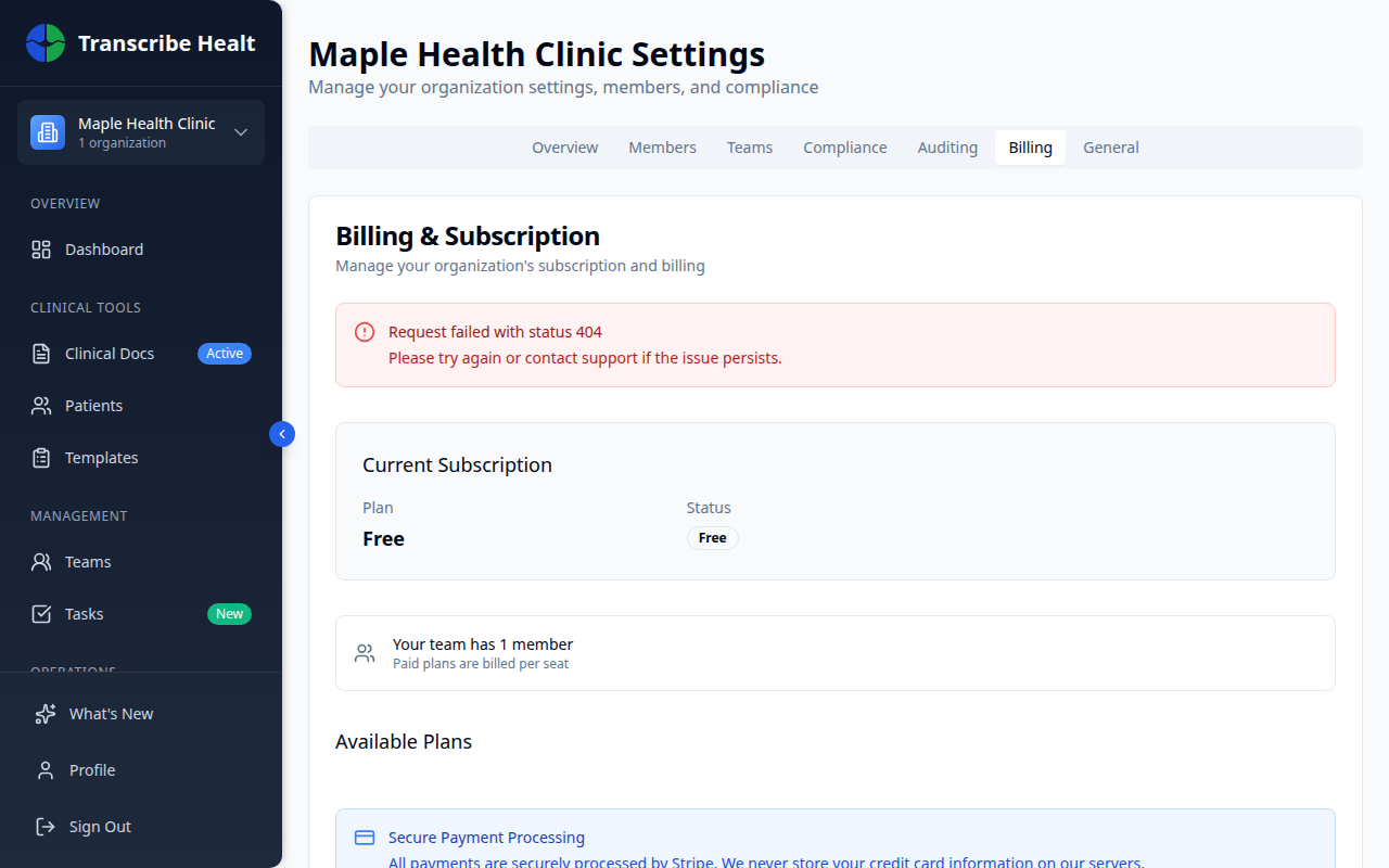 Billing tab showing your current plan and subscription status