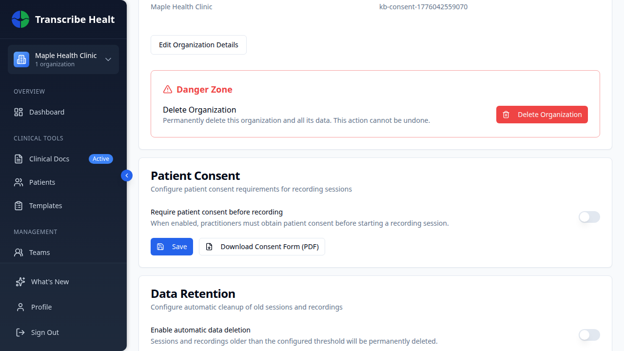 Patient Consent settings with toggle, Save, and Download PDF buttons