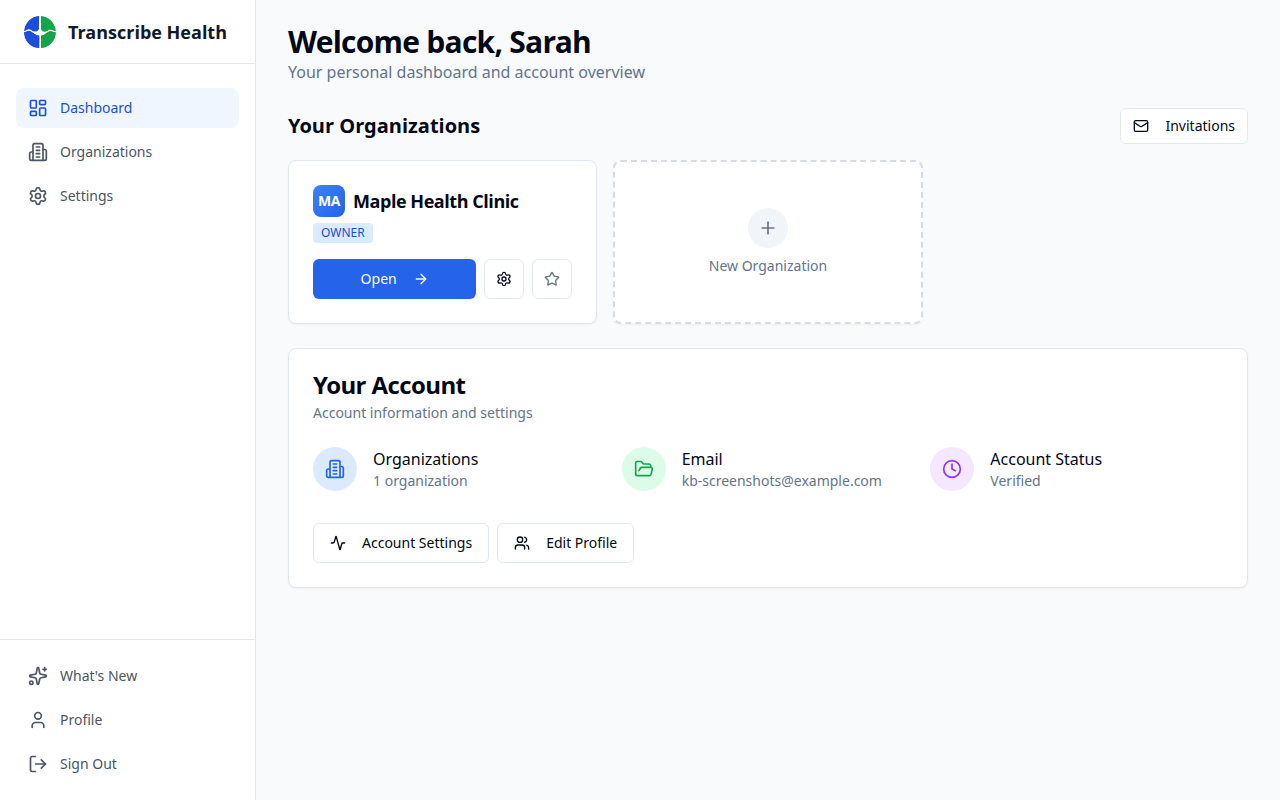 Your personal dashboard showing organizations and account info