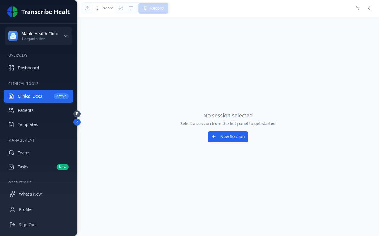 The sessions page showing your clinical documents